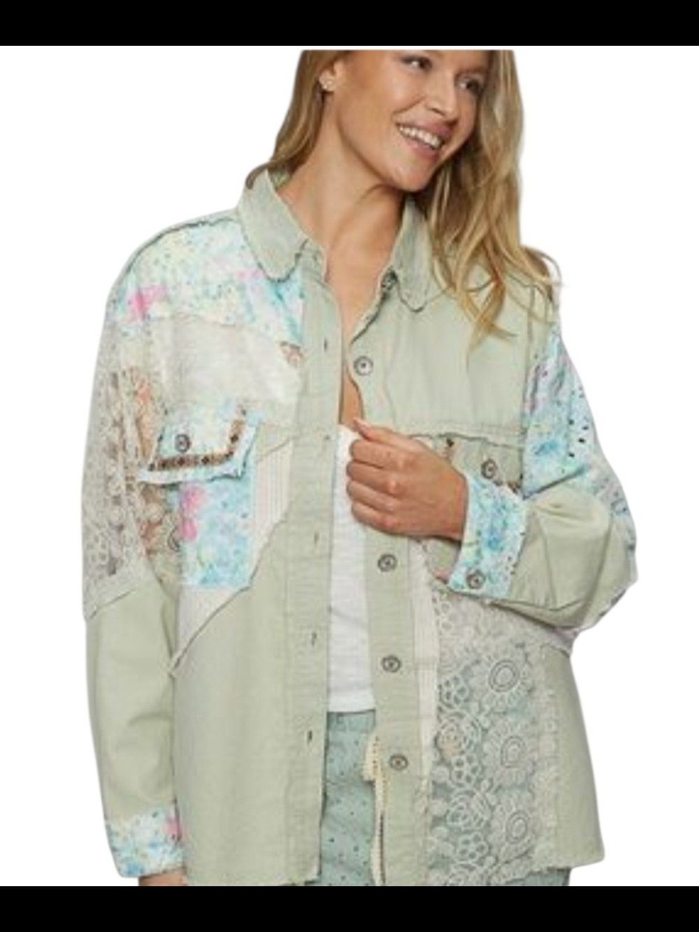 POL Light Sage Patchwork Lace Jacket